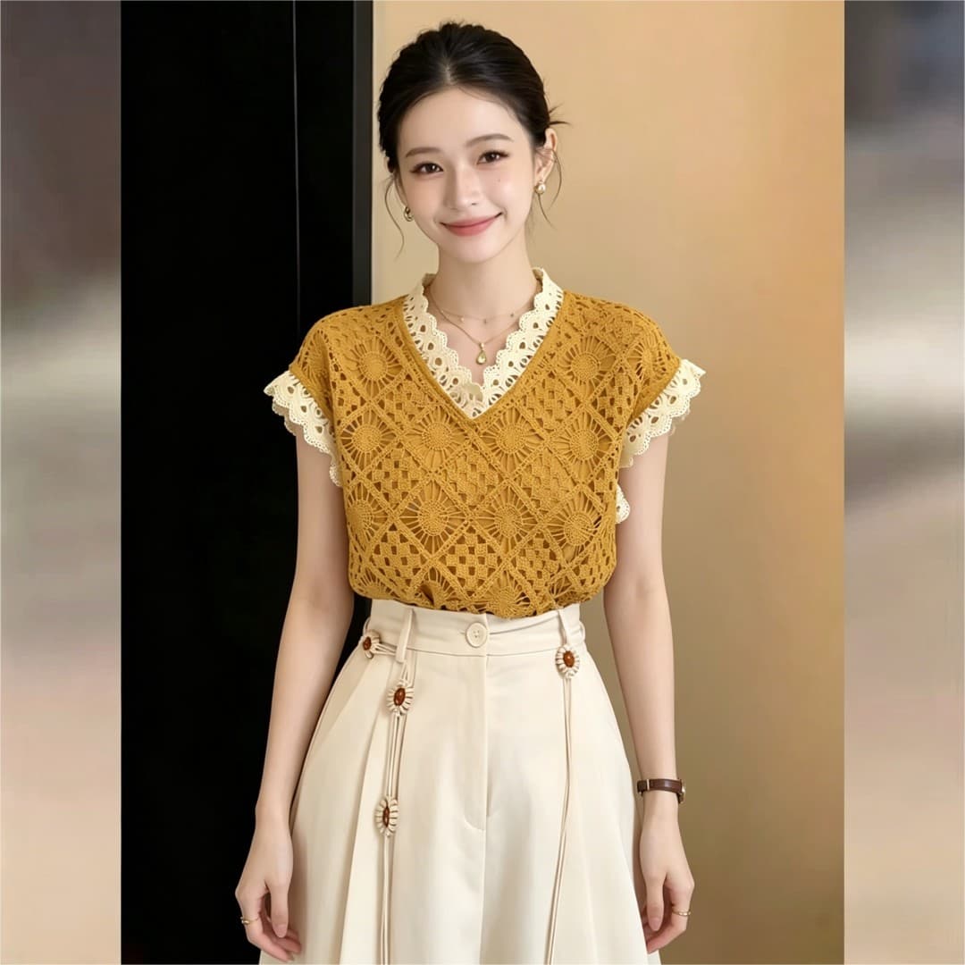 실사 프랑스식 레트로 홀로우 아웃 레이스 셔츠 V넥 슬림해 보이는 티셔츠 섹션 셔츠 2026 여름 루즈핏 체크무늬 맨위 이미지 2
