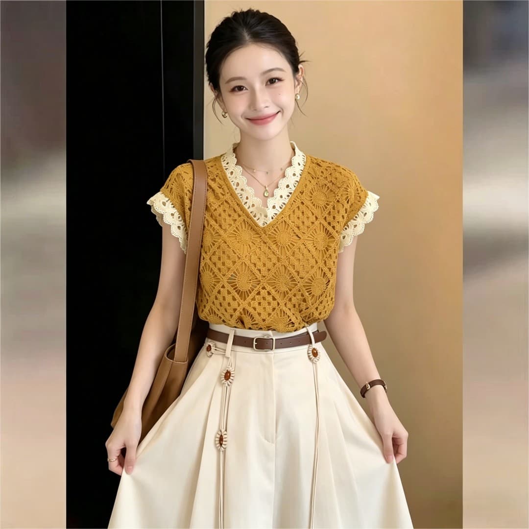 실사 프랑스식 레트로 홀로우 아웃 레이스 셔츠 V넥 슬림해 보이는 티셔츠 섹션 셔츠 2026 여름 루즈핏 체크무늬 맨위 상세 이미지 4