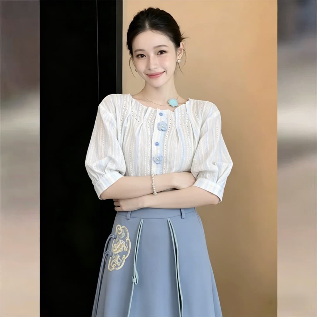 실사 프랑스식 레트로 슬림해 보이는 부드러운 반팔 여성 셔츠 2026 여름 출퇴근 루즈핏 맨위 이미지 5