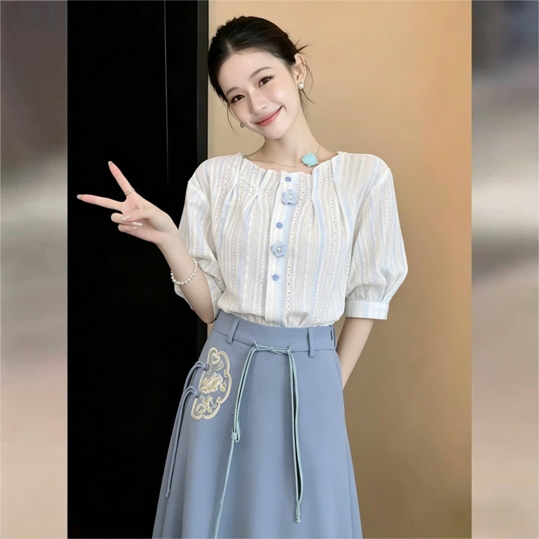실사 프랑스식 레트로 슬림해 보이는 부드러운 반팔 여성 셔츠 2026 여름 출퇴근 루즈핏 맨위 상세 이미지 5