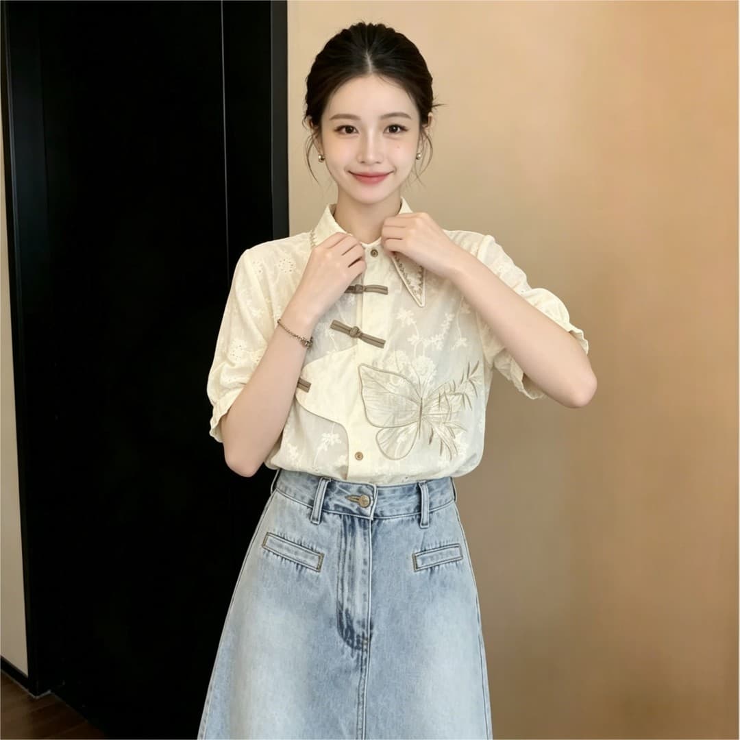 실사 레트로 센스 레이스 자수 빛 국풍 디자인 센스 불규칙 다용도 반팔 셔츠 2026 여름 맨위 이미지 4