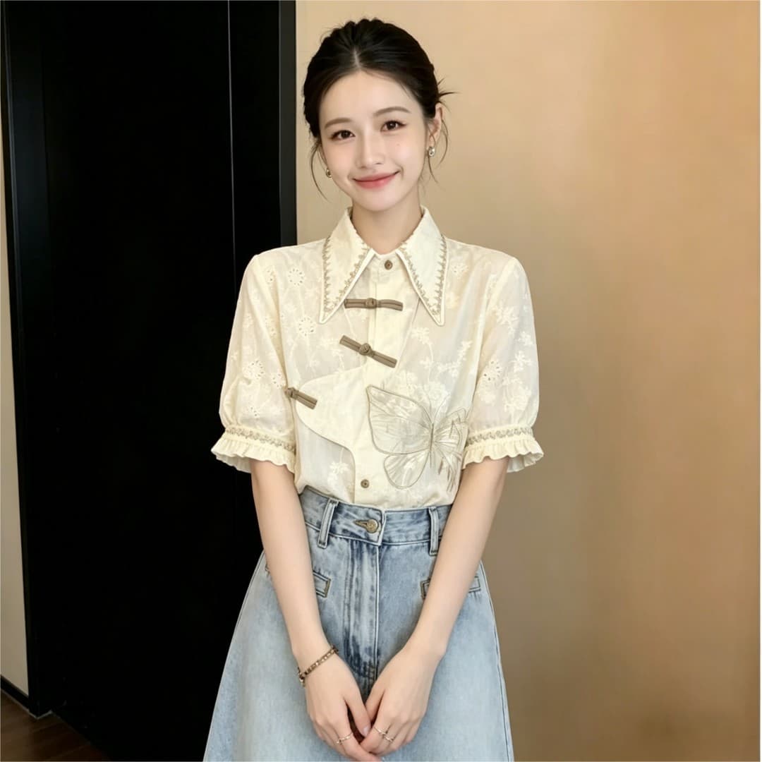 실사 레트로 센스 레이스 자수 빛 국풍 디자인 센스 불규칙 다용도 반팔 셔츠 2026 여름 맨위 이미지 3