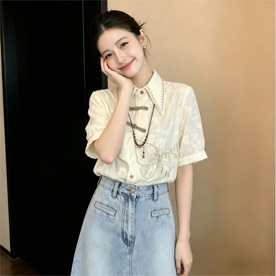 실사 레트로 센스 레이스 자수 빛 국풍 디자인 센스 불규칙 다용도 반팔 셔츠 2026 여름 맨위 상세 이미지 1