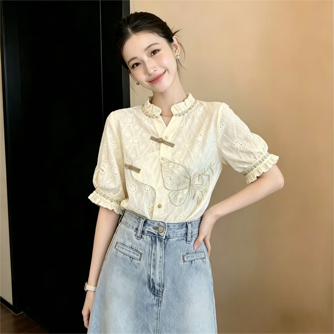 실사 레트로 센스 레이스 자수 빛 국풍 디자인 센스 불규칙 다용도 반팔 셔츠 2026 여름 맨위 상세 이미지 2