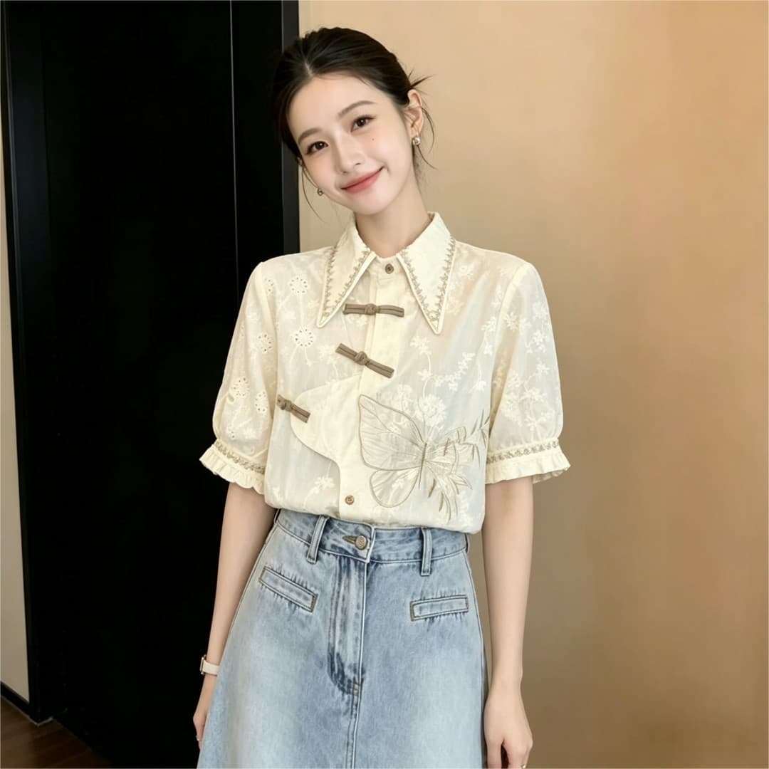 실사 레트로 센스 레이스 자수 빛 국풍 디자인 센스 불규칙 다용도 반팔 셔츠 2026 여름 맨위 상세 이미지 3