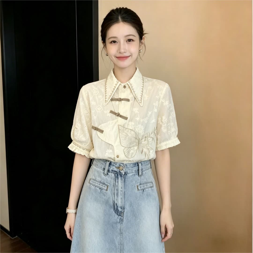 실사 레트로 센스 레이스 자수 빛 국풍 디자인 센스 불규칙 다용도 반팔 셔츠 2026 여름 맨위 상세 이미지 6