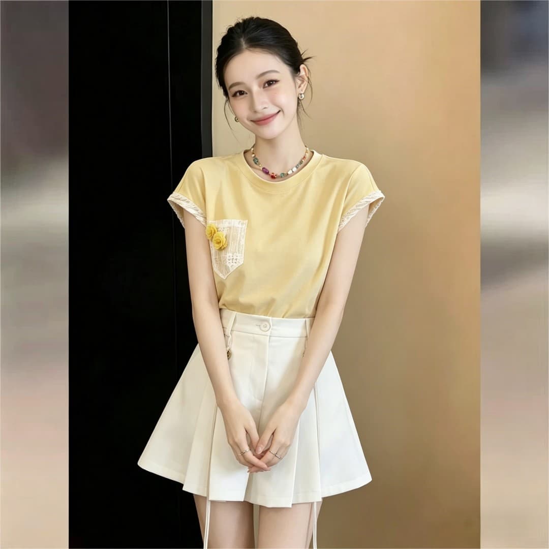 실사 한 부서 레트로 연령 감소 레이스 조각 티셔츠 2026 여름 외국 가스 다용도 꽃 라운드 넥 반팔 맨위 이미지 3