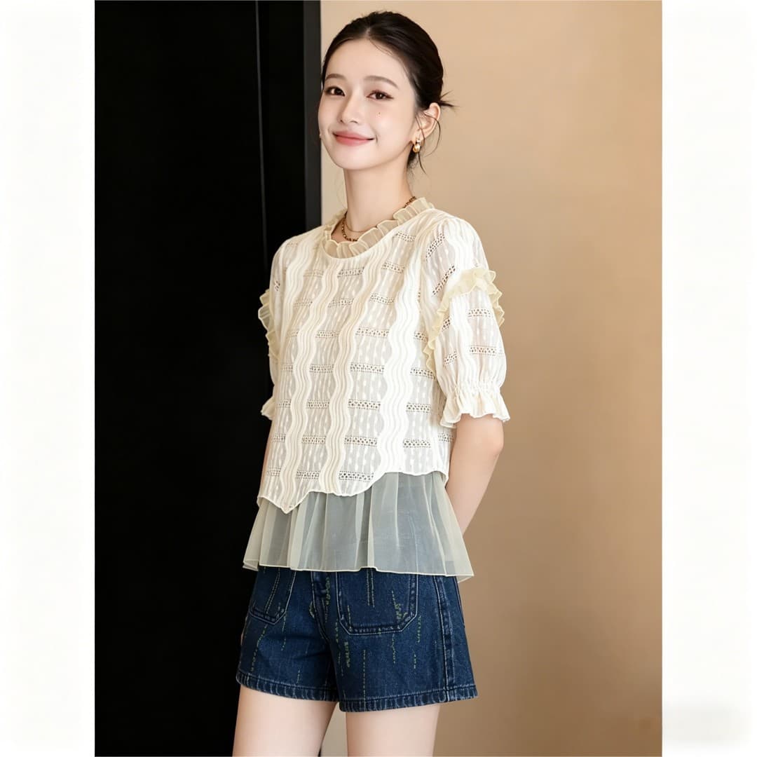 실사 프랑스식 레트로 패치워크 레이스 레이스 반팔 셔츠 2026 여름 다용도 맨위 슬림해 보이는 셔츠 이미지 5