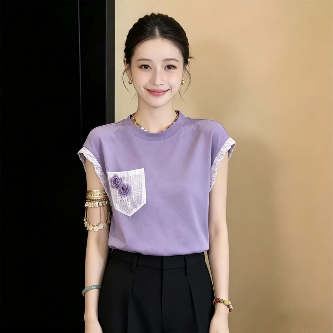 실사 프랑스식 레트로 연령 감소 반팔 티셔츠 외국 가스 다용도 꽃 라운드 넥 작은 셔츠 2026 여름 디스플레이 화이트 맨위 이미지 3