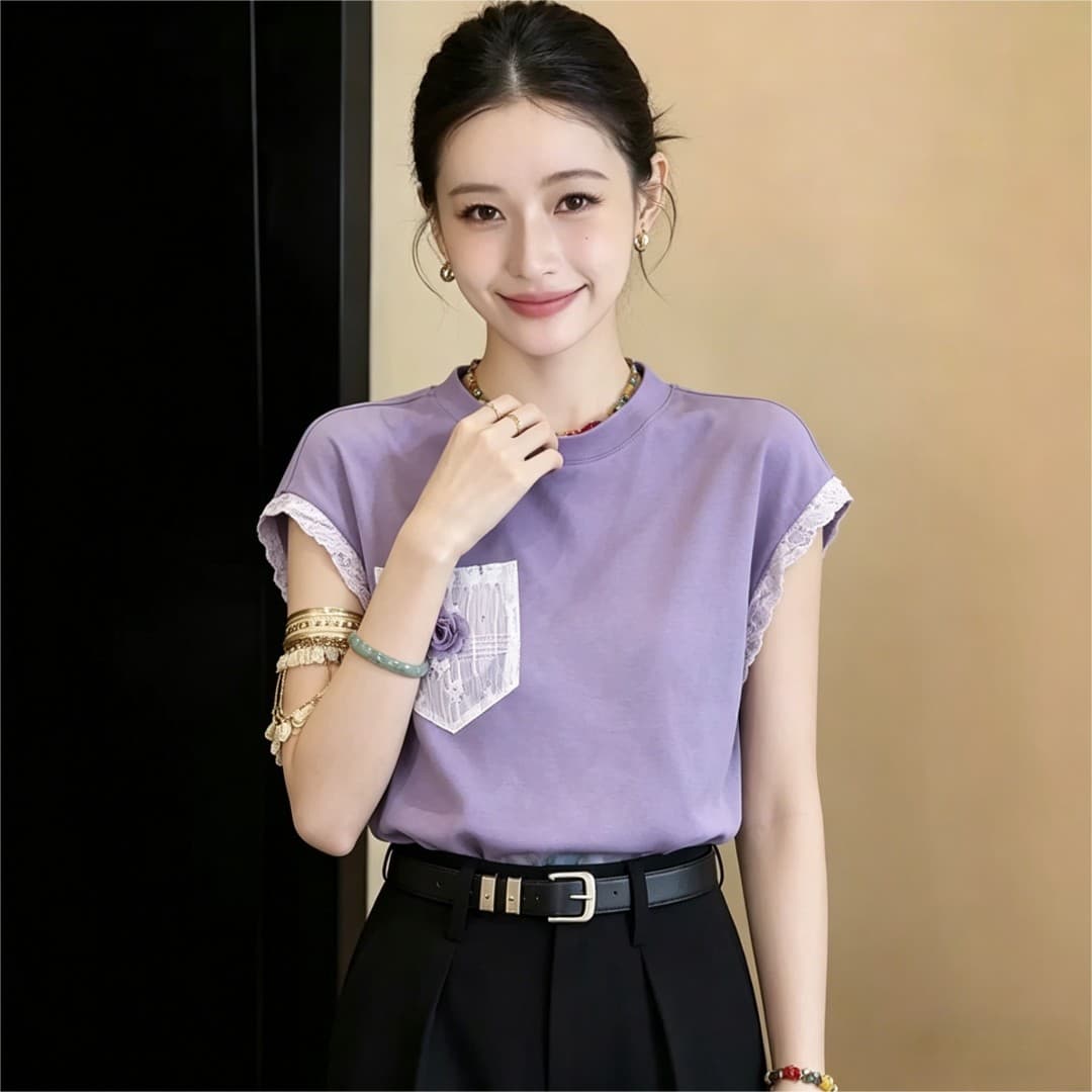 실사 프랑스식 레트로 연령 감소 반팔 티셔츠 외국 가스 다용도 꽃 라운드 넥 작은 셔츠 2026 여름 디스플레이 화이트 맨위 이미지 4