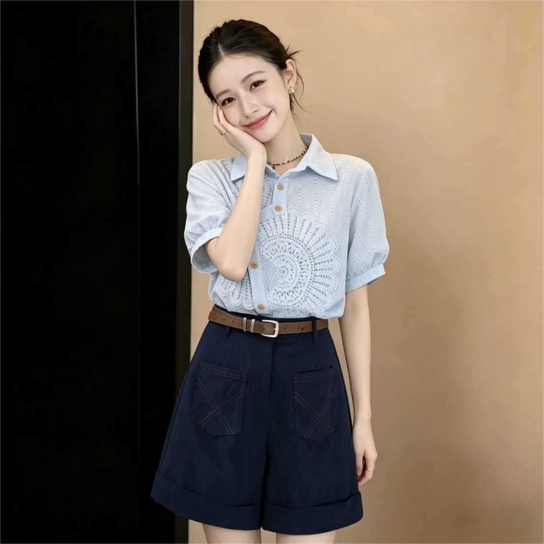실사 프랑스식 레트로 디자인 섹션 반팔 자카드 다용도 여성 셔츠 2026 여름 출퇴근 슬림해 보이는 맨위 상세 이미지 5