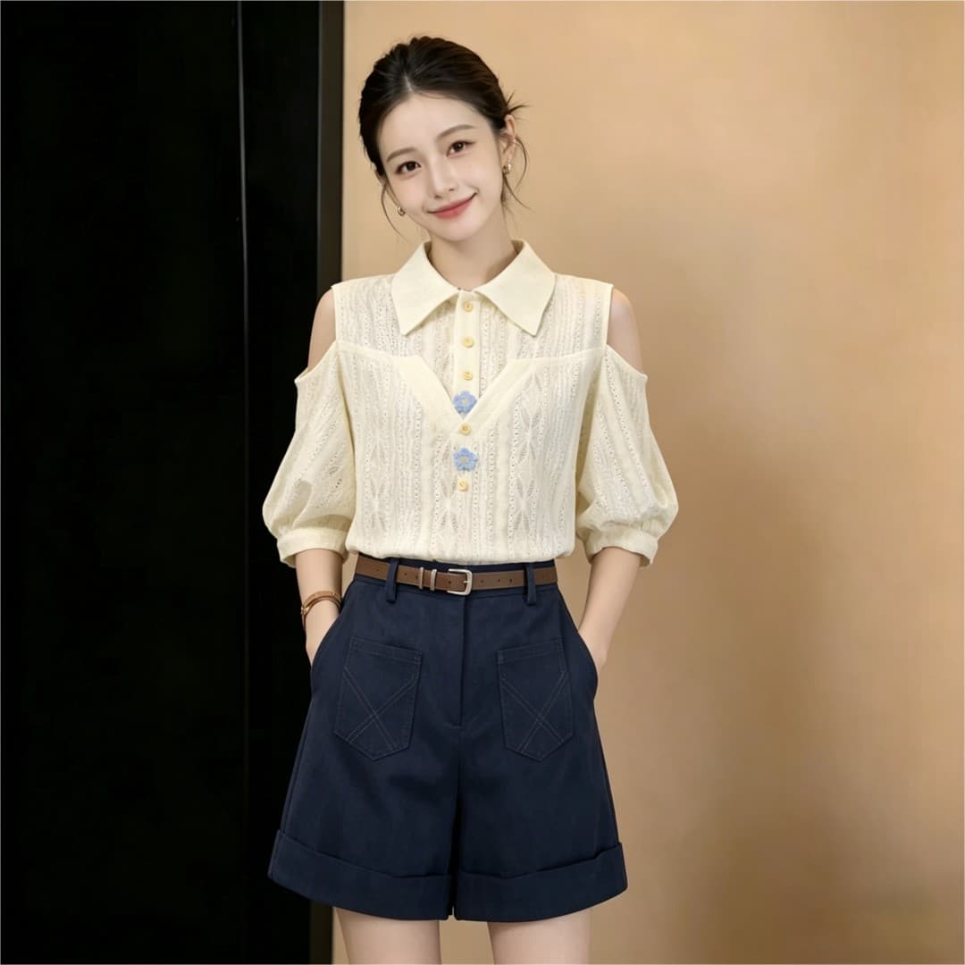실사 프랑스식 부드러운 품격 바람 홀로우 아웃 통기성 반팔 여성 셔츠 2026 여름 출퇴근 슬림해 보이는 맨위 이미지 3