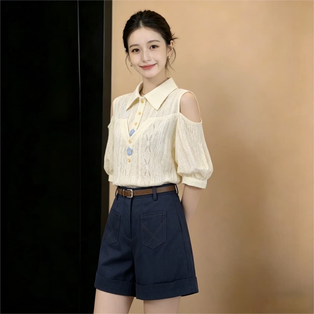 실사 프랑스식 부드러운 품격 바람 홀로우 아웃 통기성 반팔 여성 셔츠 2026 여름 출퇴근 슬림해 보이는 맨위 상세 이미지 1