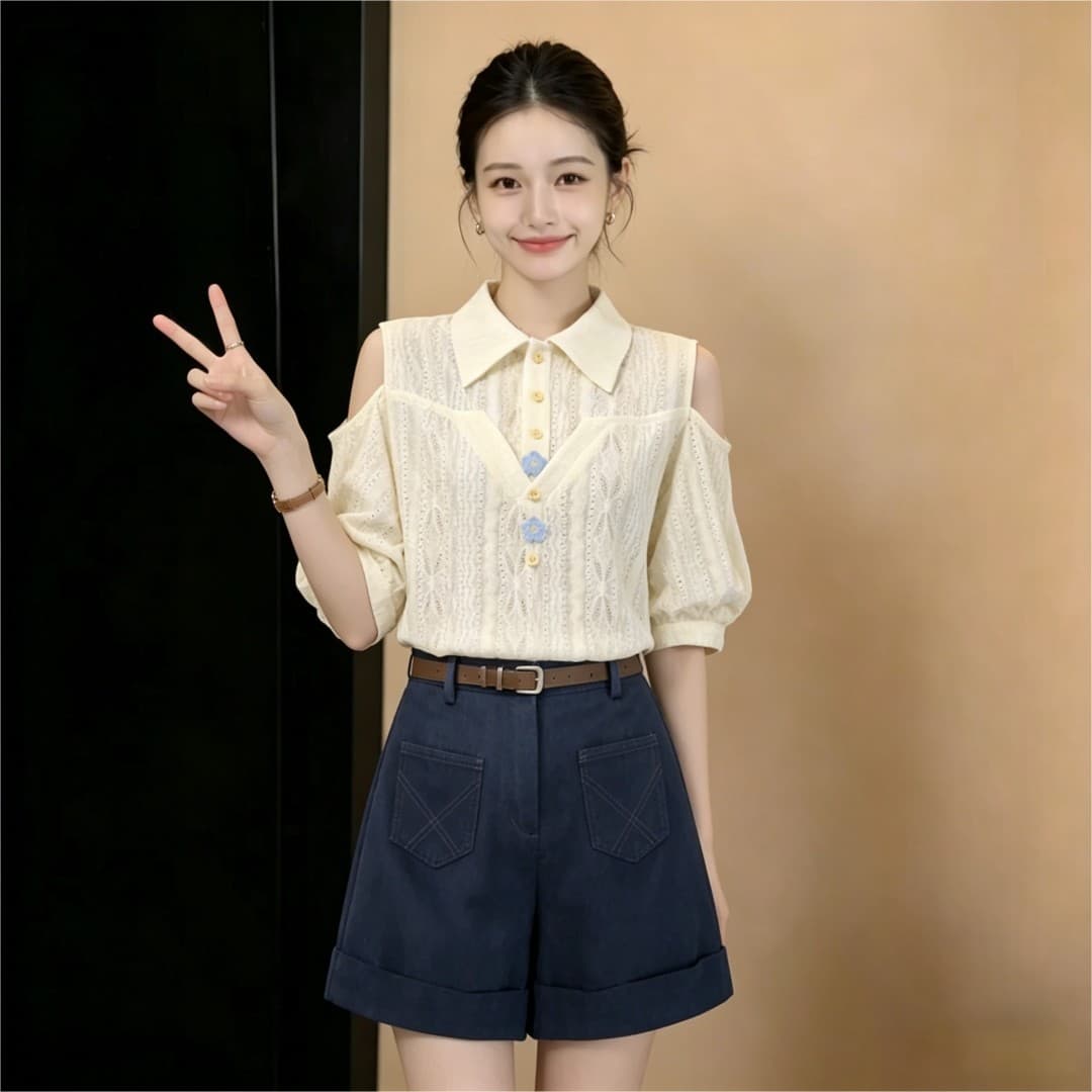 실사 프랑스식 부드러운 품격 바람 홀로우 아웃 통기성 반팔 여성 셔츠 2026 여름 출퇴근 슬림해 보이는 맨위 상세 이미지 3