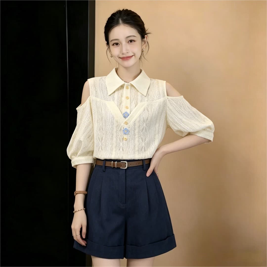 실사 프랑스식 부드러운 품격 바람 홀로우 아웃 통기성 반팔 여성 셔츠 2026 여름 출퇴근 슬림해 보이는 맨위 상세 이미지 5