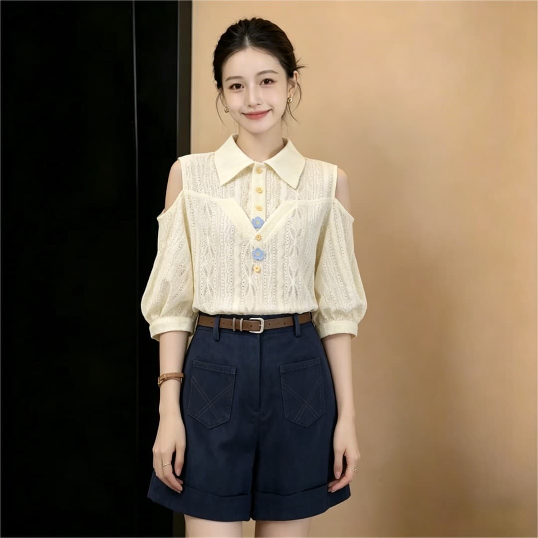 실사 프랑스식 부드러운 품격 바람 홀로우 아웃 통기성 반팔 여성 셔츠 2026 여름 출퇴근 슬림해 보이는 맨위 상세 이미지 7