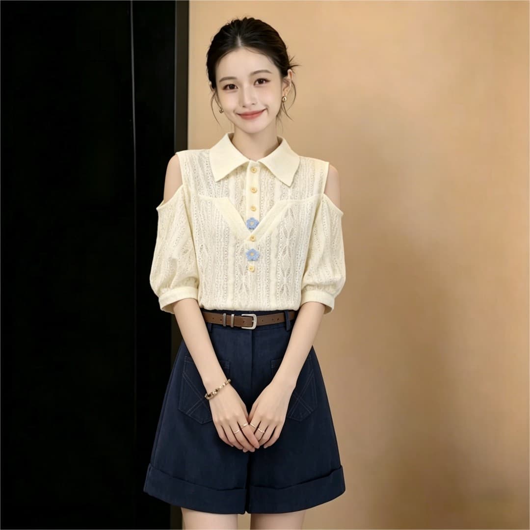 실사 프랑스식 부드러운 품격 바람 홀로우 아웃 통기성 반팔 여성 셔츠 2026 여름 출퇴근 슬림해 보이는 맨위 상세 이미지 8