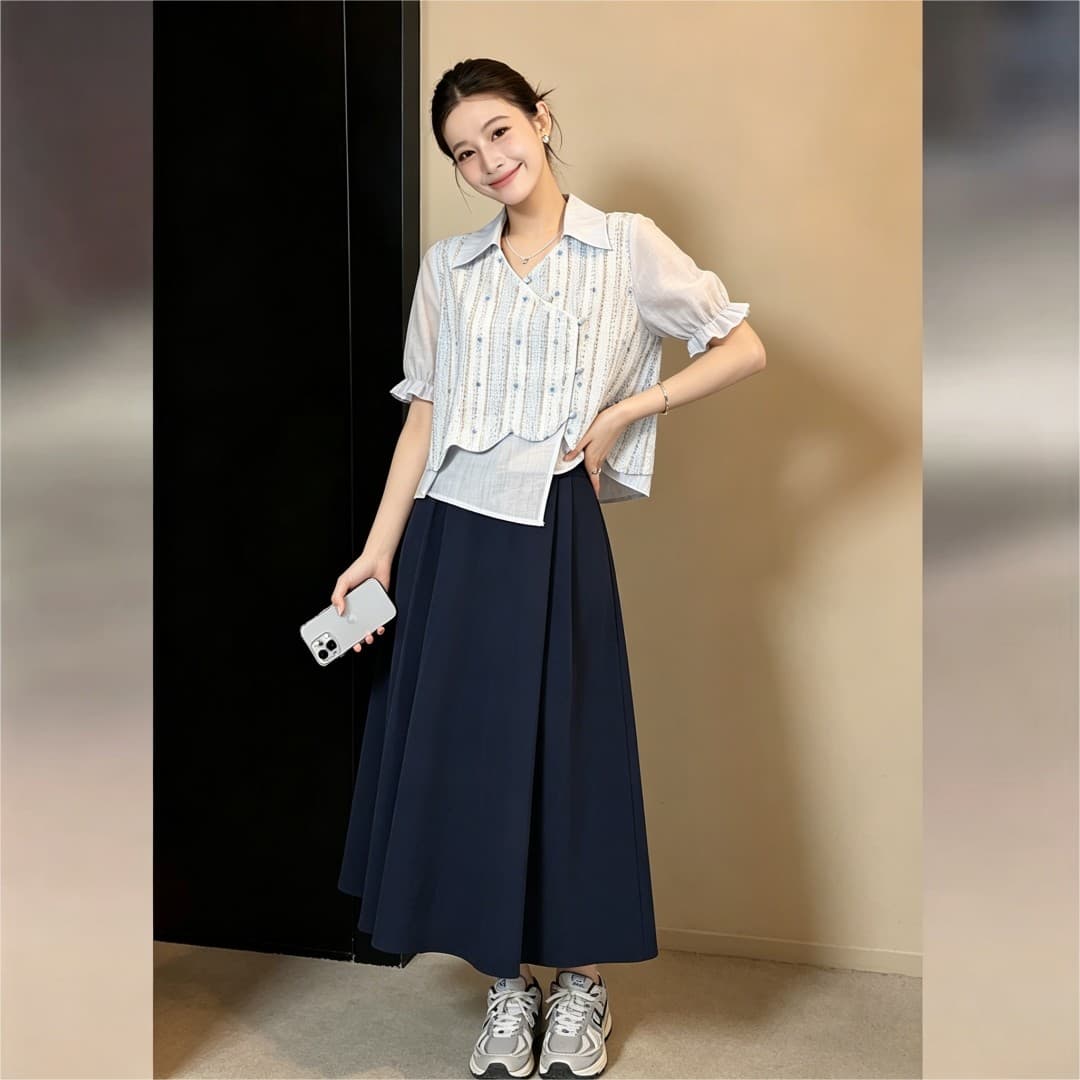 실사 프랑스식 홀로우 아웃 얇고 가벼운 불규칙 패치워크 페이크 레이어드 반팔 셔츠 2026 여름 슬림해 보이는 다용도 맨위 이미지 5