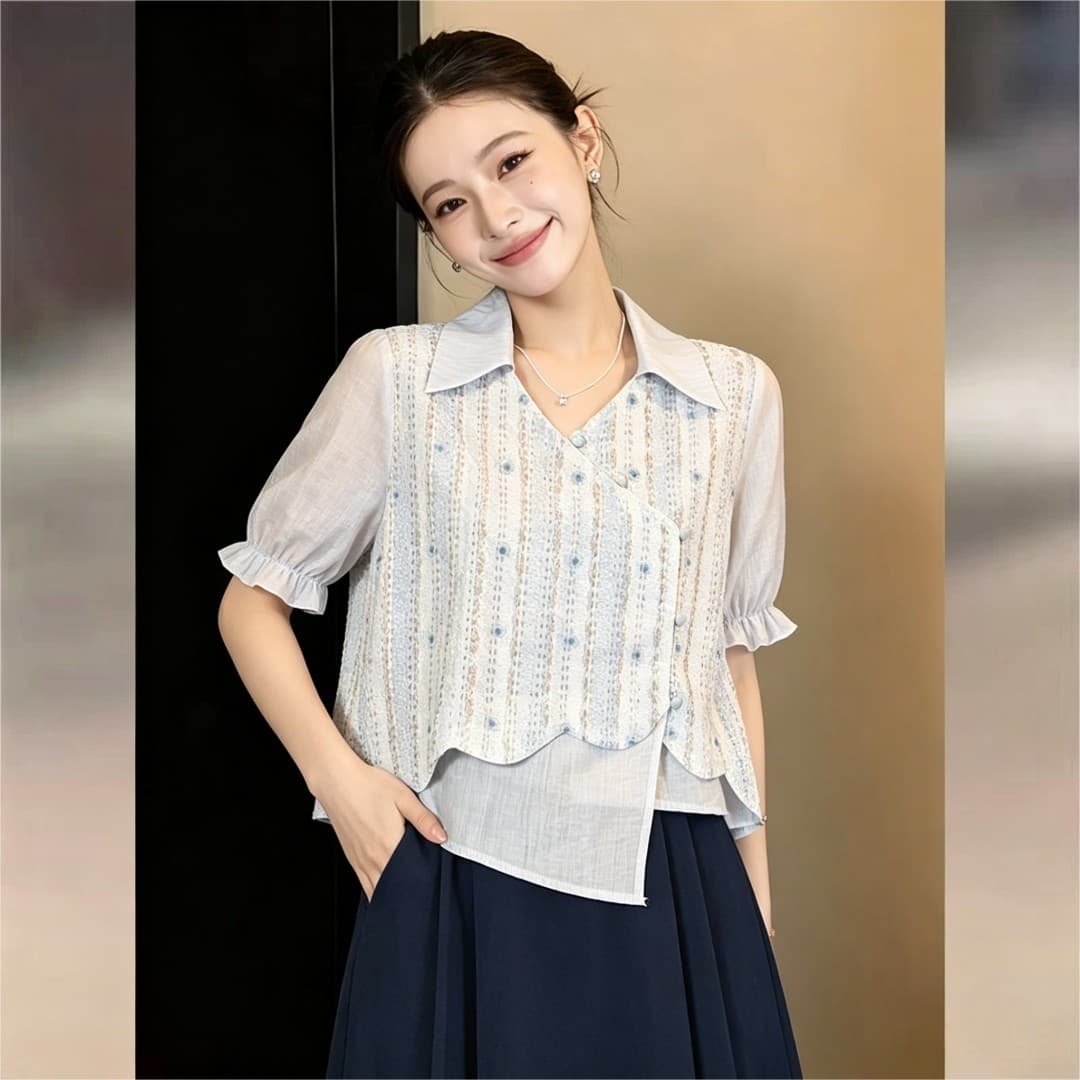 실사 프랑스식 홀로우 아웃 얇고 가벼운 불규칙 패치워크 페이크 레이어드 반팔 셔츠 2026 여름 슬림해 보이는 다용도 맨위 이미지 3