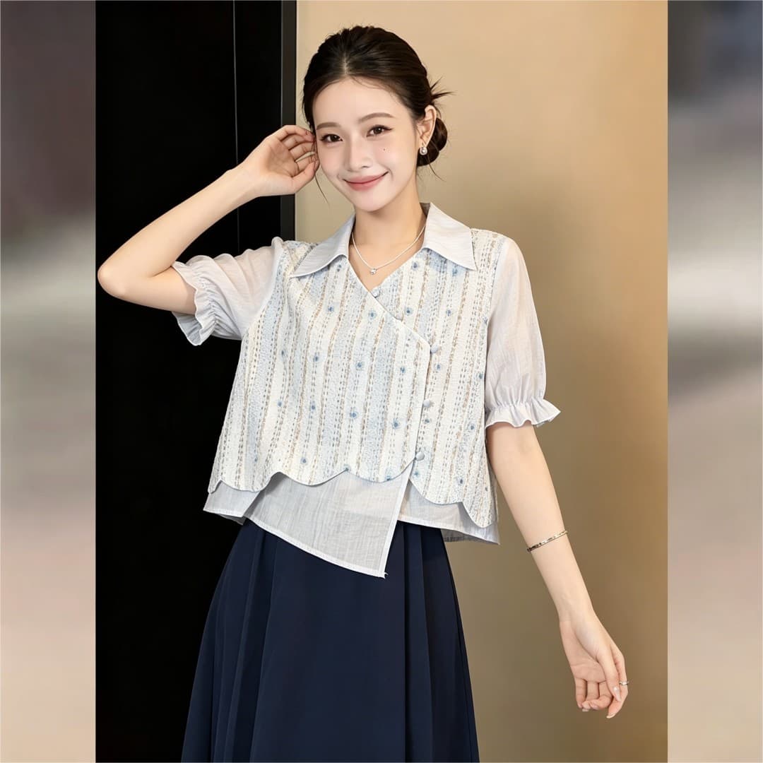 실사 프랑스식 홀로우 아웃 얇고 가벼운 불규칙 패치워크 페이크 레이어드 반팔 셔츠 2026 여름 슬림해 보이는 다용도 맨위