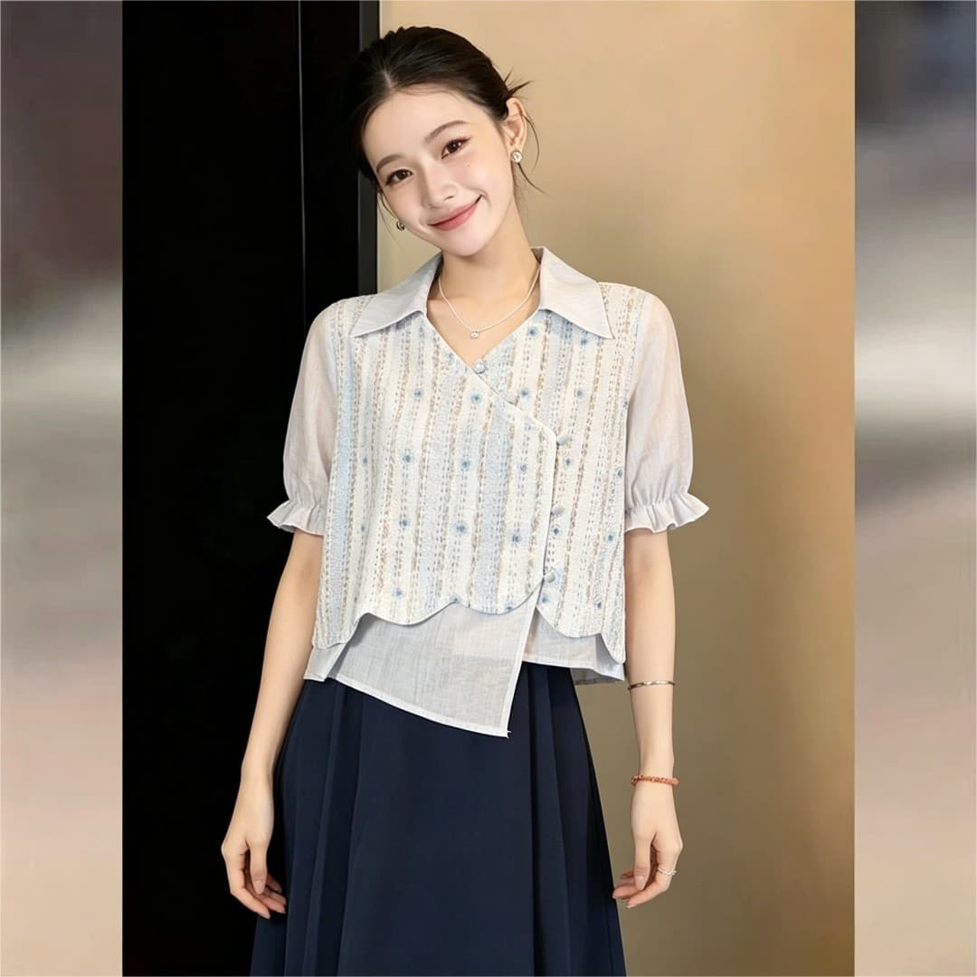 실사 프랑스식 홀로우 아웃 얇고 가벼운 불규칙 패치워크 페이크 레이어드 반팔 셔츠 2026 여름 슬림해 보이는 다용도 맨위 상세 이미지 1