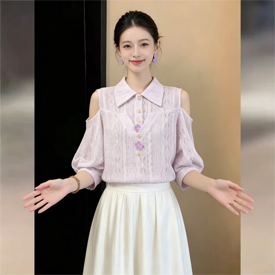 실사 프랑스식 부드러운 품격 바람 홀로우 아웃 통기성 반팔 여성 셔츠 2026 여름 출퇴근 슬림해 보이는 맨위 이미지 3