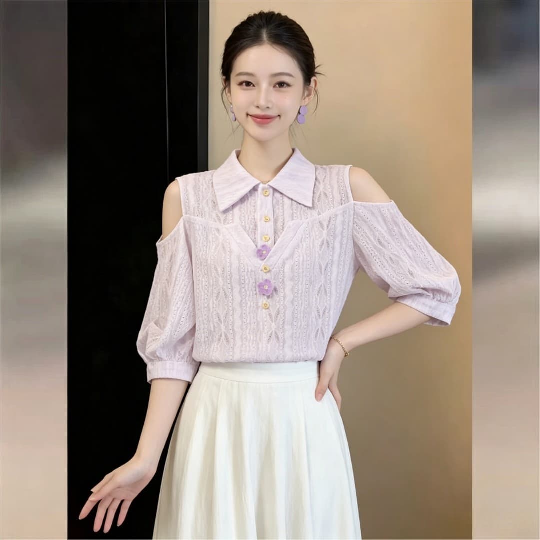실사 프랑스식 부드러운 품격 바람 홀로우 아웃 통기성 반팔 여성 셔츠 2026 여름 출퇴근 슬림해 보이는 맨위