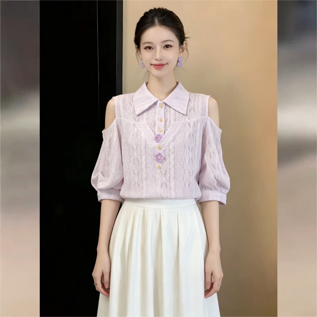 실사 프랑스식 부드러운 품격 바람 홀로우 아웃 통기성 반팔 여성 셔츠 2026 여름 출퇴근 슬림해 보이는 맨위 상세 이미지 1