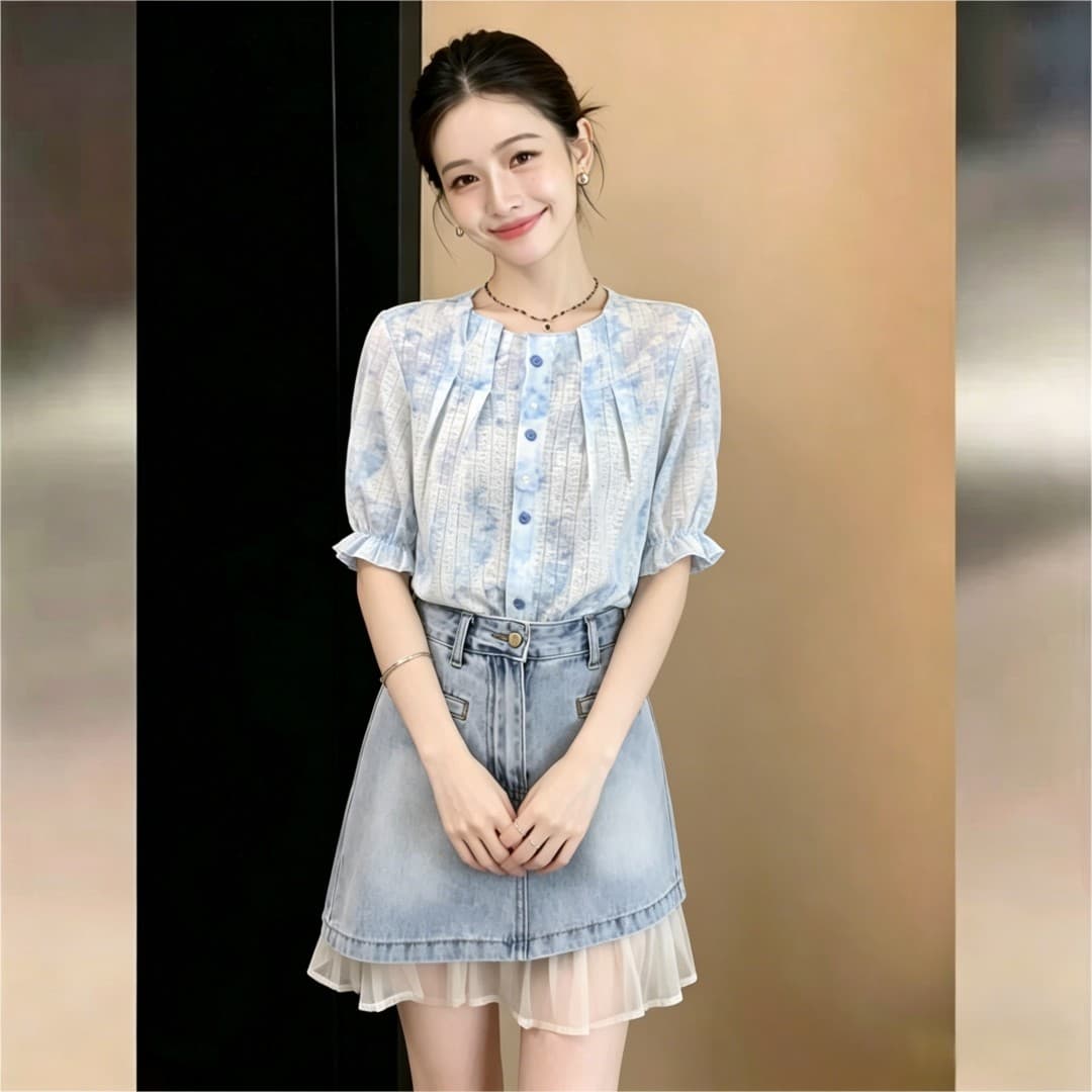 실사 프랑스식 패치워크 셔츠 문예 슬림해 보이는 작은 대중 반팔 셔츠 여성 2026 여름 출퇴근 다용도 맨위 상세 이미지 3
