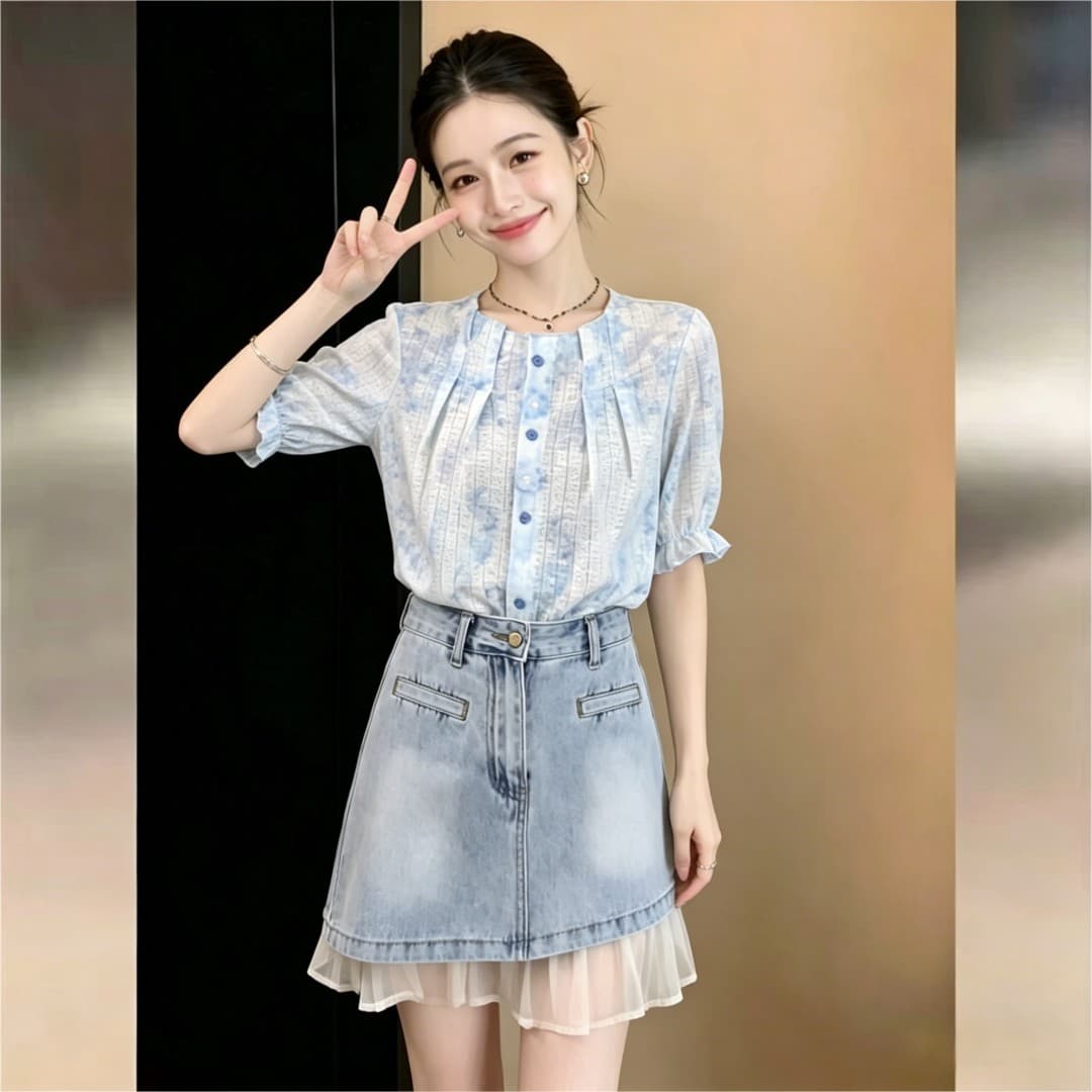 실사 프랑스식 패치워크 셔츠 문예 슬림해 보이는 작은 대중 반팔 셔츠 여성 2026 여름 출퇴근 다용도 맨위 상세 이미지 4