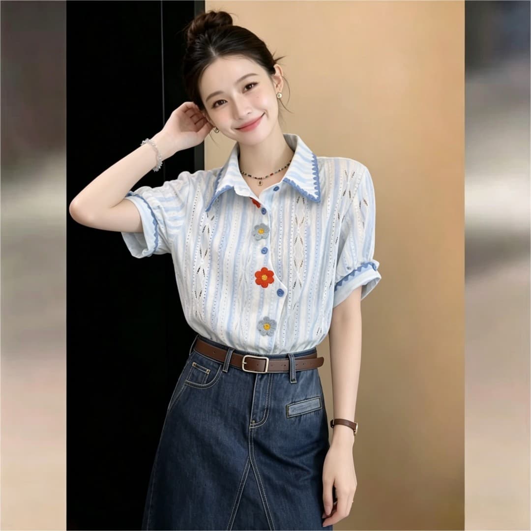실사 한 스타일 홀로우 아웃 통기성 니트 디자인 섹션 슬림해 보이는 배색 셔츠 2026 여름 슬림해 보이는 다용도 맨위 상세 이미지 3