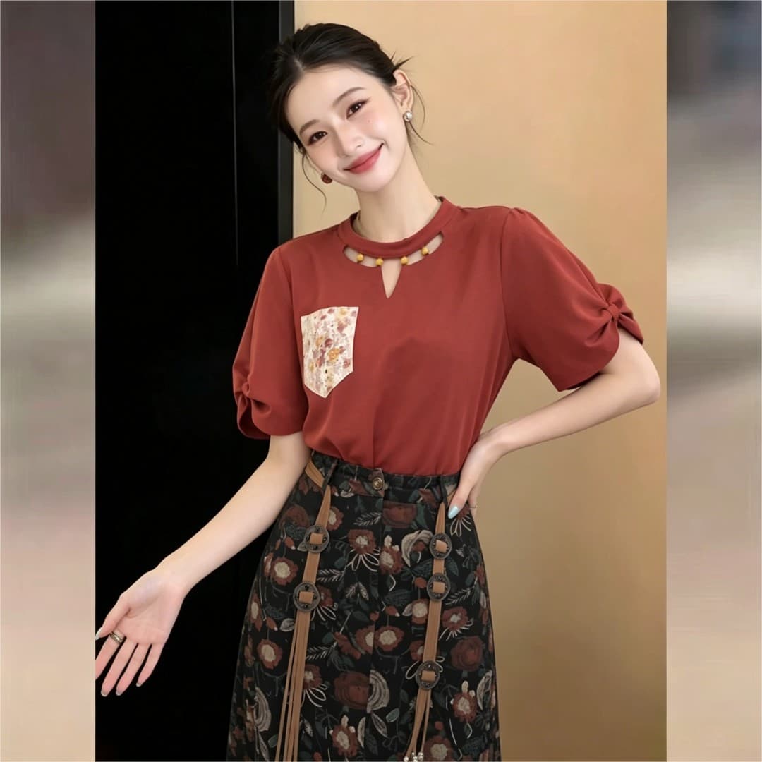 실사 프랑스식 레트로 디자인 센스 품격 뒤에 나비 매듭 반팔 티셔츠 2026 여름 통기성 슬림해 보이는 맨위 상세 이미지 2