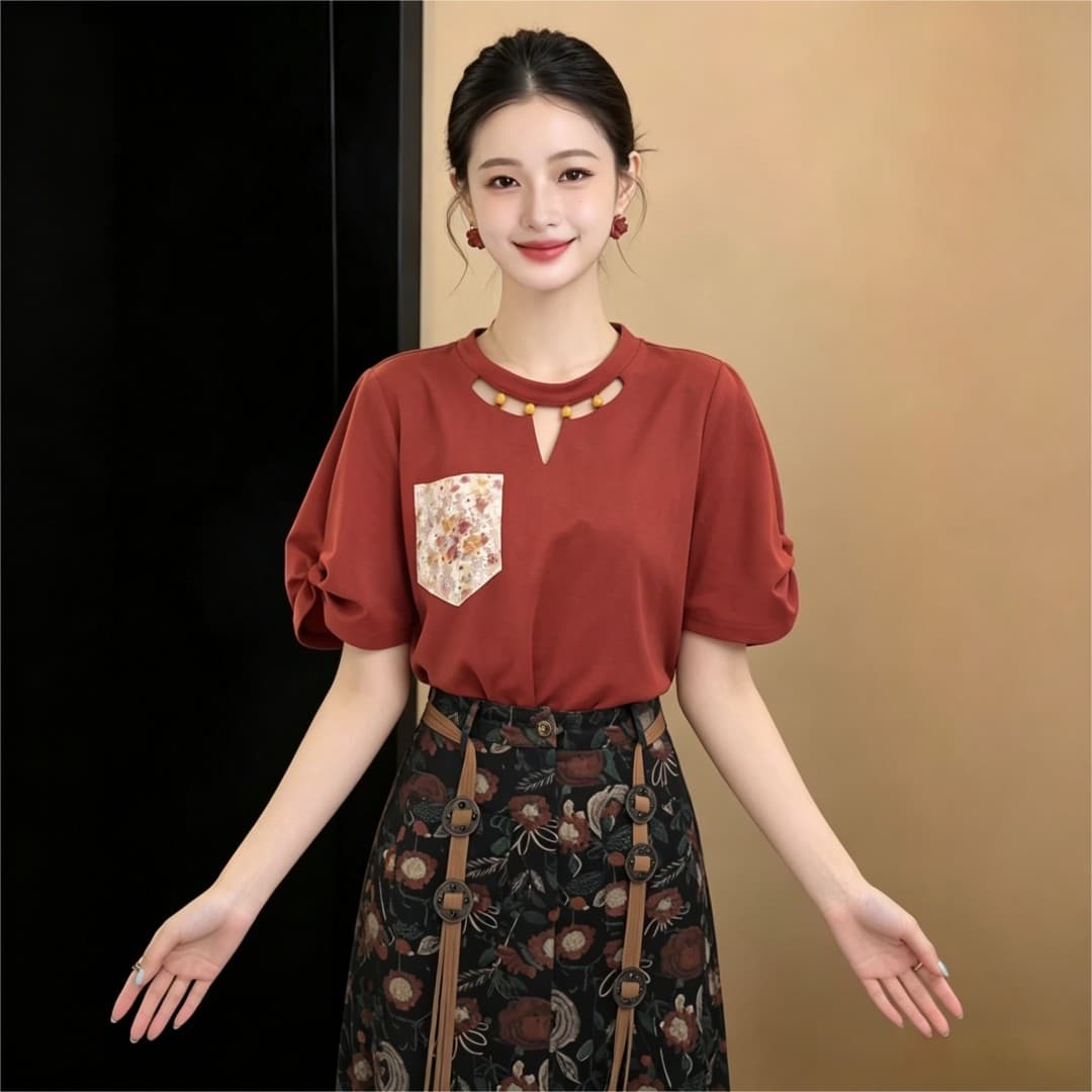 실사 프랑스식 레트로 디자인 센스 품격 뒤에 나비 매듭 반팔 티셔츠 2026 여름 통기성 슬림해 보이는 맨위 상세 이미지 3