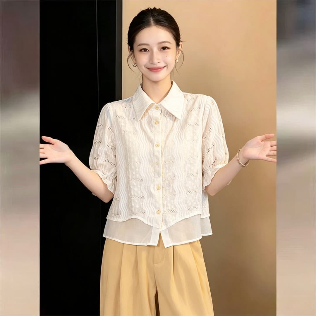 실사 프랑스식 레트로 패치워크 페이크 레이어드 반팔 여성 셔츠 2026 여름 프랑스식 맨위 반팔 셔츠 이미지 4