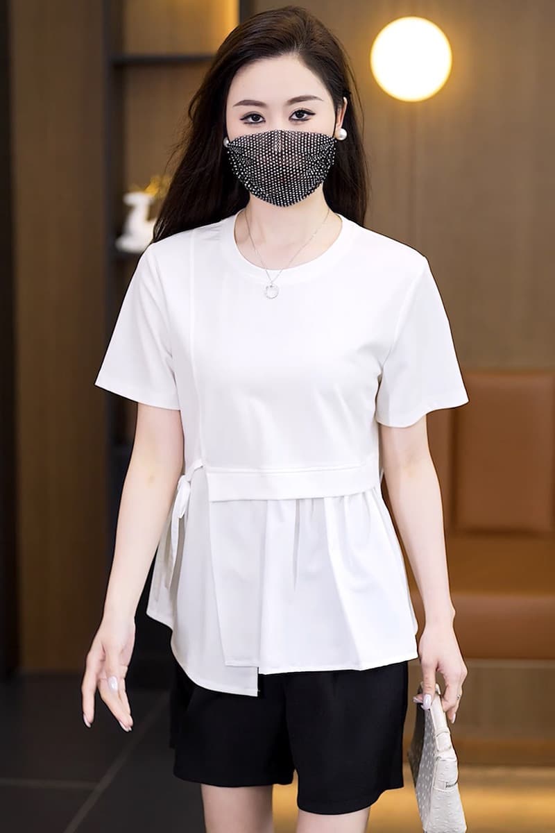 여름 빅 사이즈 여성 의류 한국 스타일 티셔츠 패션 통통한 여동생 루즈핏 표지 배 연령 감소 비대칭 다용도 반팔 맨위 이미지 6