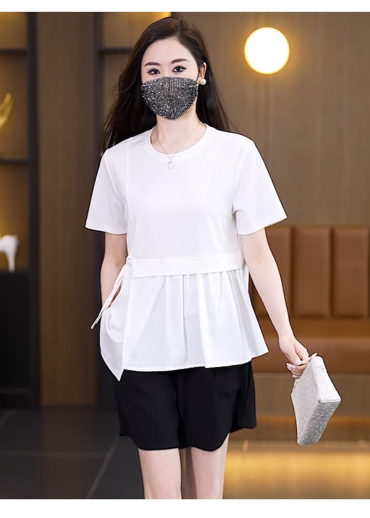 여름 빅 사이즈 여성 의류 한국 스타일 티셔츠 패션 통통한 여동생 루즈핏 표지 배 연령 감소 비대칭 다용도 반팔 맨위 상세 이미지 27