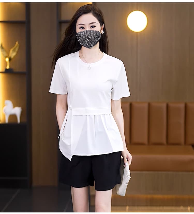 여름 빅 사이즈 여성 의류 한국 스타일 티셔츠 패션 통통한 여동생 루즈핏 표지 배 연령 감소 비대칭 다용도 반팔 맨위 상세 이미지 30