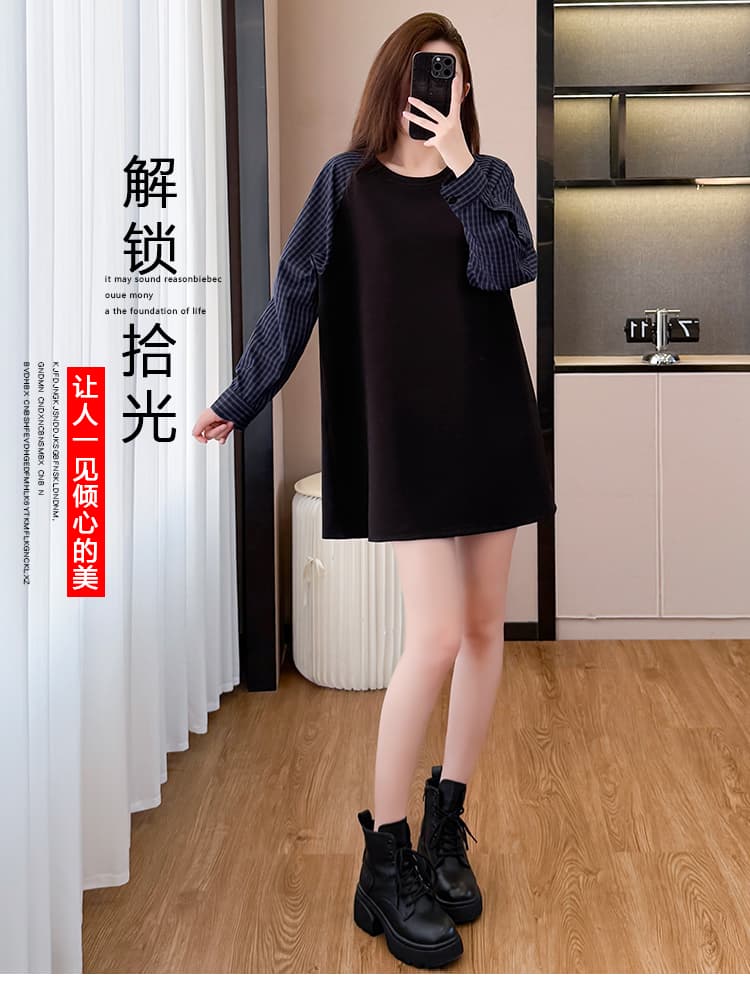 2026 가을 새로운 빅 사이즈 여성 의류 긴팔 드레스 지방 mm 루즈핏 슬림해 보이는 캐주얼 체크무늬 패치워크 여성 의류 상세 이미지 2