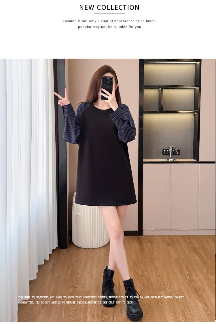 2026 가을 새로운 빅 사이즈 여성 의류 긴팔 드레스 지방 mm 루즈핏 슬림해 보이는 캐주얼 체크무늬 패치워크 여성 의류 상세 이미지 11