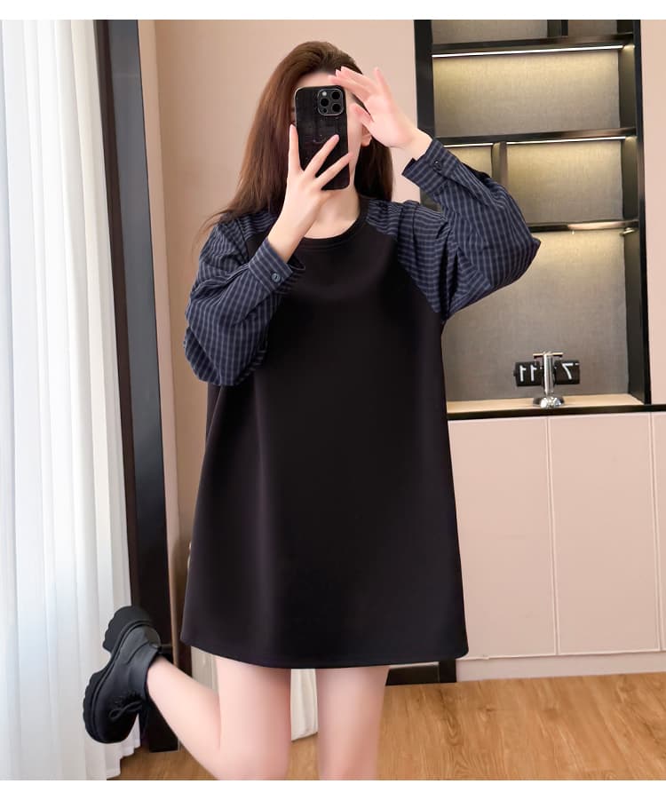 2026 가을 새로운 빅 사이즈 여성 의류 긴팔 드레스 지방 mm 루즈핏 슬림해 보이는 캐주얼 체크무늬 패치워크 여성 의류 상세 이미지 13