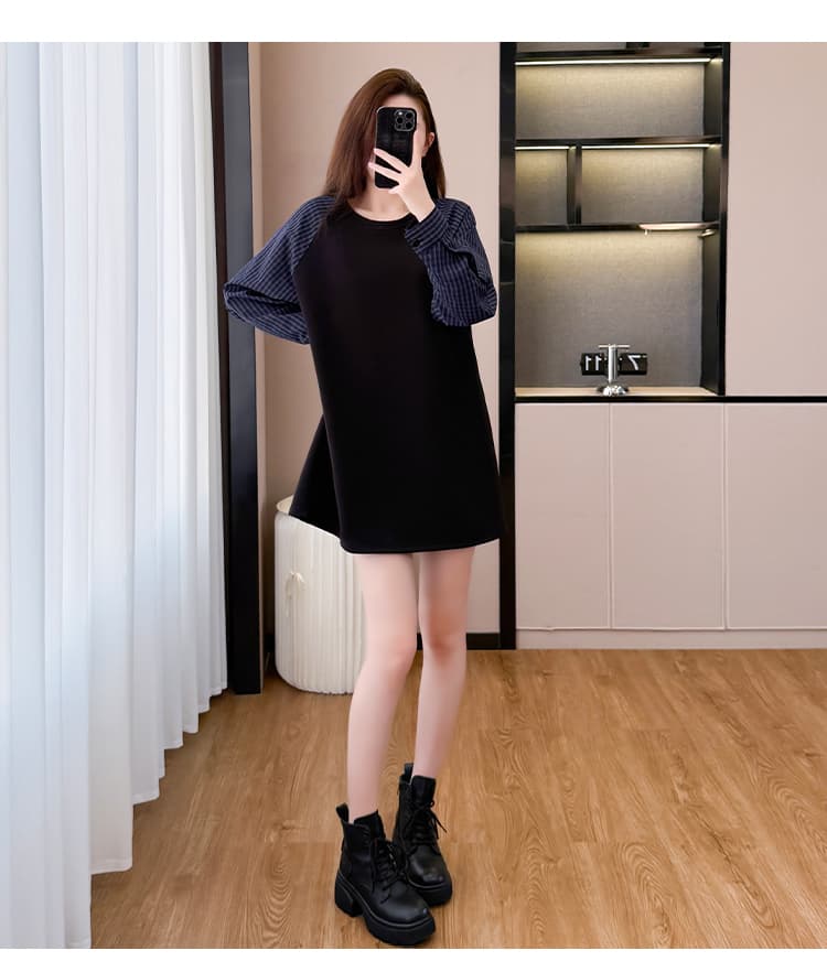 2026 가을 새로운 빅 사이즈 여성 의류 긴팔 드레스 지방 mm 루즈핏 슬림해 보이는 캐주얼 체크무늬 패치워크 여성 의류 상세 이미지 16
