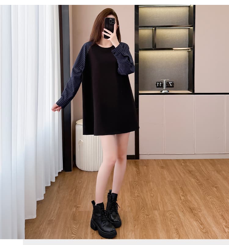 2026 가을 새로운 빅 사이즈 여성 의류 긴팔 드레스 지방 mm 루즈핏 슬림해 보이는 캐주얼 체크무늬 패치워크 여성 의류 상세 이미지 17