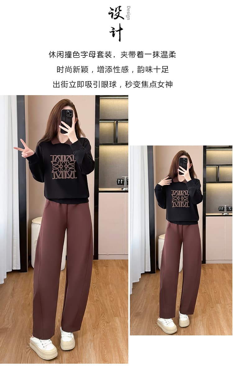 2026 가을 새로운 빅 사이즈 여성 의류 세트 긴팔 폴로 칼라 맨위 넓은 다리 모통이 칼 바지 캐주얼 연령 감소 투피스 세트 상세 이미지 3