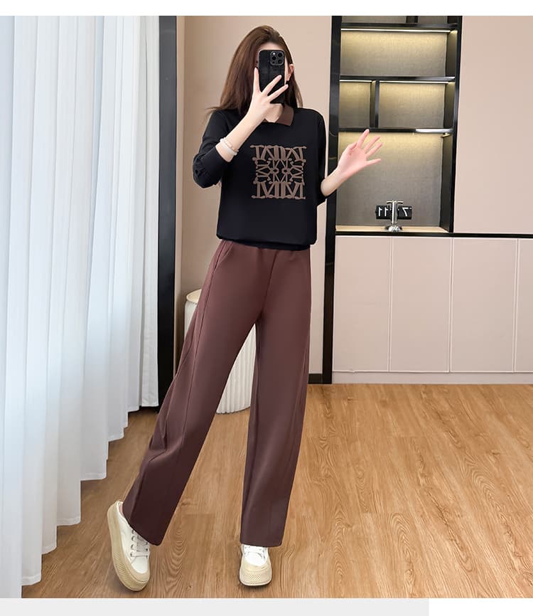 2026 가을 새로운 빅 사이즈 여성 의류 세트 긴팔 폴로 칼라 맨위 넓은 다리 모통이 칼 바지 캐주얼 연령 감소 투피스 세트 상세 이미지 12