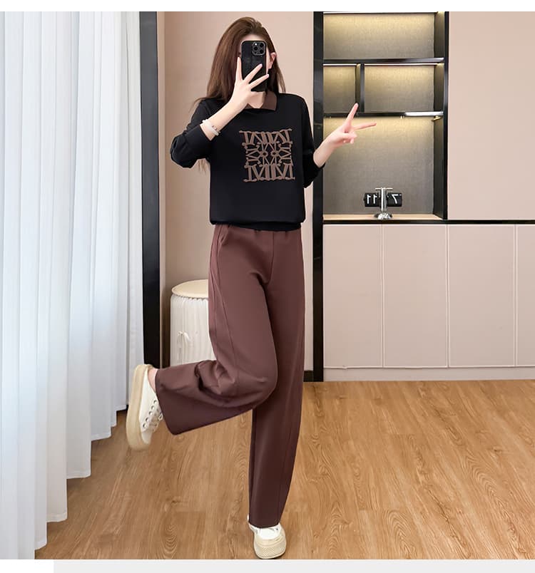 2026 가을 새로운 빅 사이즈 여성 의류 세트 긴팔 폴로 칼라 맨위 넓은 다리 모통이 칼 바지 캐주얼 연령 감소 투피스 세트 상세 이미지 15