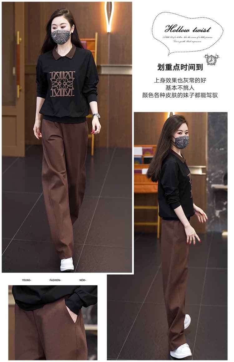 2026 가을 새로운 빅 사이즈 여성 의류 세트 긴팔 폴로 칼라 맨위 넓은 다리 모통이 칼 바지 캐주얼 연령 감소 투피스 세트 상세 이미지 3