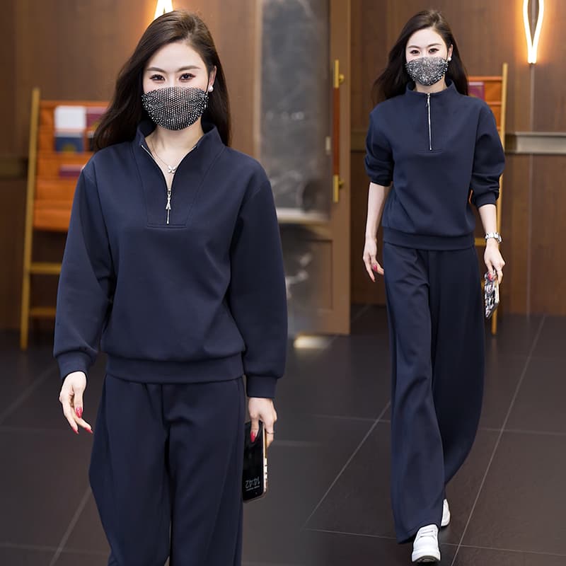 빅 사이즈 여성 의류 세트 2026 가을 새로운 긴팔 반 개방 칼라 맨위 넓은 다리 모통이 칼 바지 연령 감소 두 조각 여성 세트 이미지 2