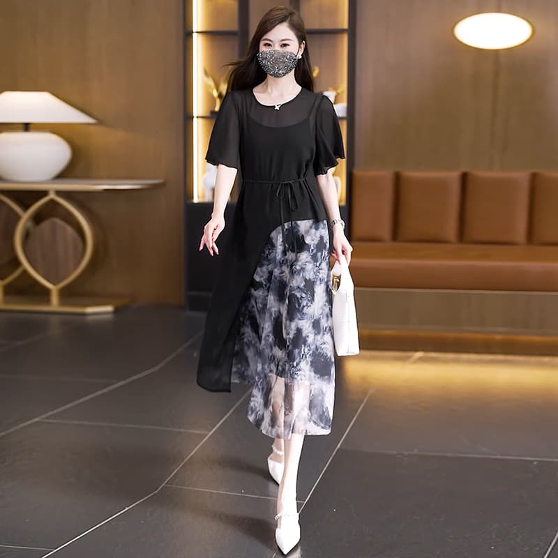 실사 2026 여름 여성 의류 드레스 투피스 세트 빅 사이즈 루즈핏 슬림해 보이는 패션 지방 mm 수묵화 프린트 롱 스커트 이미지 4