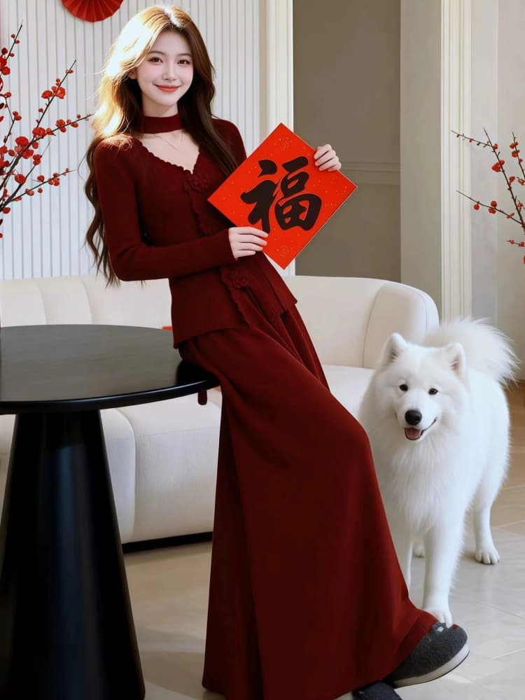 빨간색 색상 시스템 착용 가져 가라. 전체 집합 고유 한 아름다운 빨간색 스웨터 반신 스커트 슈퍼 잘 생긴 투피스 슈트 2026 봄 상세 이미지 3