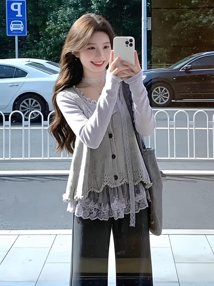 2026 봄 새로운 한 부서 착용 가져 가라. 레이스 조각 기본 셔츠 스택 착용 니트 베스트 맨위 투피스 세트 세트
